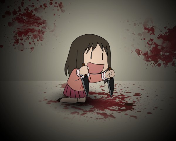Anime picture 1280x1024 with azumanga daioh j.c. staff kasuga ayumu azuma kiyohiko single short hair open mouth brown hair holding looking away full body :d pleated skirt kneeling chibi third-party edit dual wielding blood stains solid eyes l l