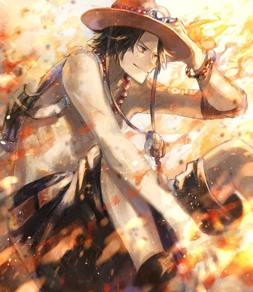 Anime picture 1136x1308 with one piece toei animation portgas d. ace tsugutoku single tall image short hair black hair smile sitting brown eyes looking away topless hand on head freckles boy hat shorts beads fire