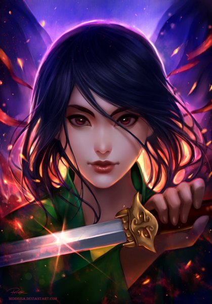 Anime picture 800x1144 with mulan disney hua mulan midorisa single tall image looking at viewer short hair black hair red eyes signed realistic sparkle lipstick portrait red lipstick girl weapon sword