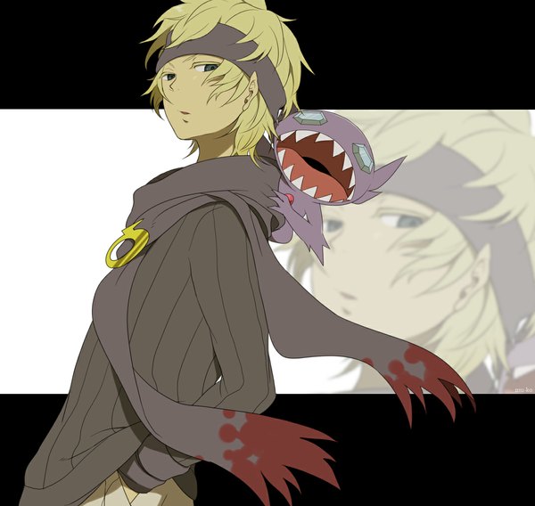 Anime picture 1077x1020 with pokemon pokemon heartgold and soulsilver nintendo morty (pokemon) sableye muu1519 short hair blonde hair outside border zoom layer hands in pockets gen 3 pokemon boy scarf monster pokemon (creature)