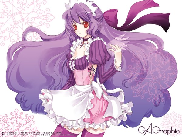 Anime picture 1280x960 with gagraphic mikaki mikako single long hair red eyes cleavage purple hair maid wallpaper puffy sleeves half updo girl bow hair bow wings headdress maid headdress apron