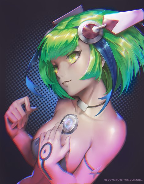 Anime picture 783x1000 with dimension w yurizaki mira black light single tall image fringe short hair breasts light erotic simple background large breasts bare shoulders green eyes signed payot blue hair looking away upper body multicolored hair green hair