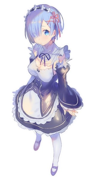 Anime picture 700x1344 with re:zero kara hajimeru isekai seikatsu white fox rem (re:zero) heiwa (murasiho) single tall image looking at viewer fringe short hair blue eyes simple background standing white background blue hair cleavage full body from above hair over one eye maid girl