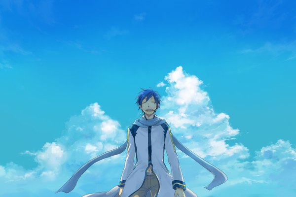 Anime picture 1440x960 with vocaloid kaito (vocaloid) single short hair open mouth blue hair sky cloud (clouds) eyes closed light smile navel jacket headphones scarf microphone jeans