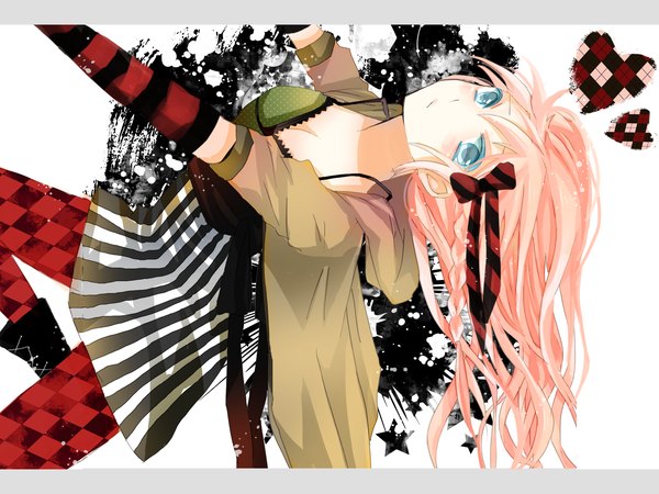 Anime picture 2000x1500 with vocaloid megurine luka miyake achi single long hair highres pink hair braid (braids) aqua eyes rhombus girl pantyhose heart argyle legwear
