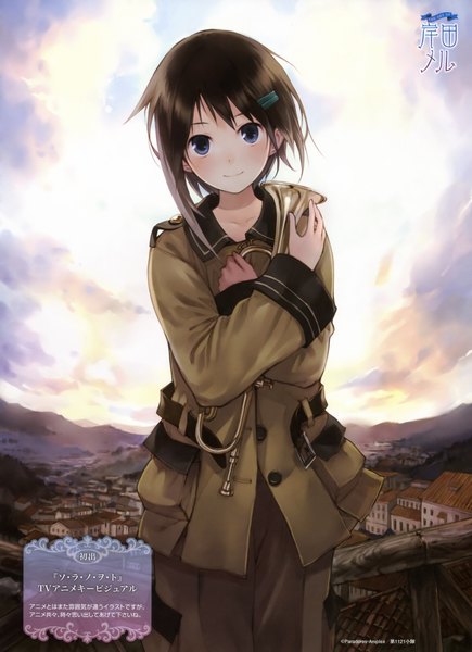 Anime picture 2948x4059 with sora no woto a-1 pictures sorami kanata kishida mel single tall image blush highres short hair blue eyes black hair sky cloud (clouds) light smile scan girl uniform hair ornament hairclip military uniform