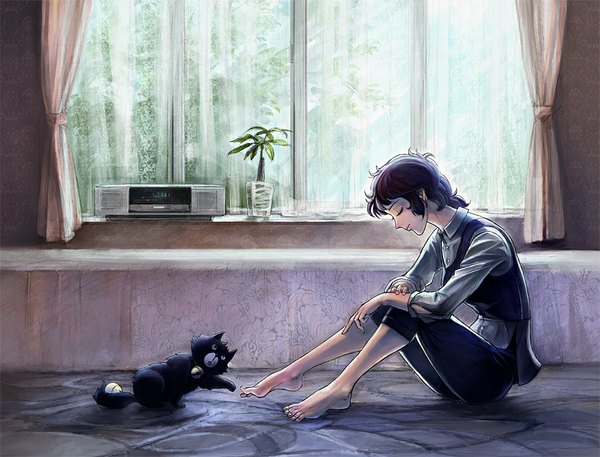 Anime picture 1024x780 with aim for the ace! oka hiromi goemon (aim for the ace!) single short hair brown hair sitting eyes closed profile barefoot oldschool 70s girl plant (plants) animal shirt window curtains cat vest
