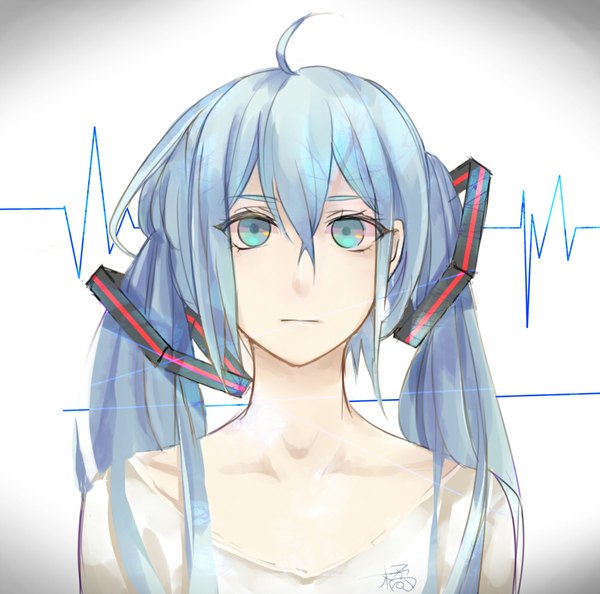 Anime picture 1000x990 with vocaloid hatsune miku fan ju single long hair looking at viewer twintails blue hair aqua eyes close-up face girl