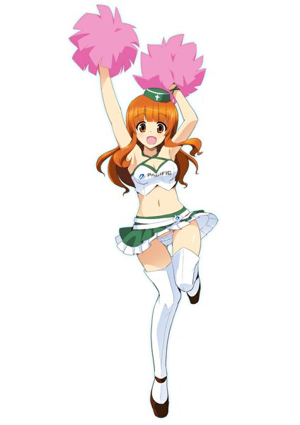 Anime picture 706x1000 with girls und panzer takebe saori ouhashi single long hair tall image looking at viewer blush open mouth light erotic simple background white background orange hair orange eyes skirt lift cheerleader girl thighhighs underwear panties