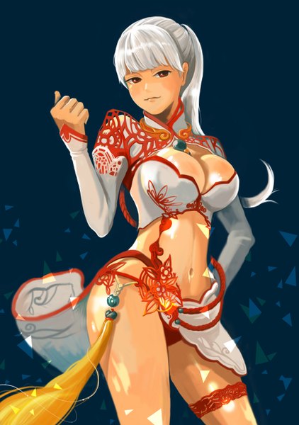 Anime picture 1900x2700 with blade & soul uzue single long hair tall image fringe highres breasts light erotic simple background red eyes silver hair ponytail hand on hip girl navel garter (garters)