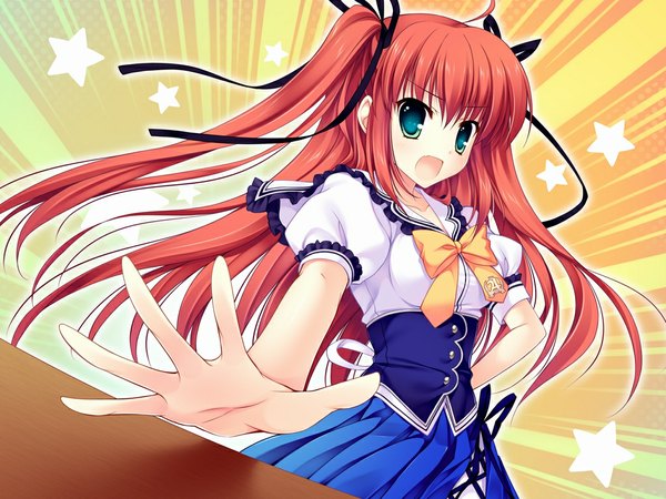 Anime picture 1024x768 with yuyukana takasaki honoka mitha long hair open mouth green eyes game cg red hair girl ribbon (ribbons) hair ribbon star (symbol)