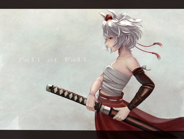 Anime picture 2000x1520 with touhou inubashiri momiji sashimi (adam026) single highres short hair bare shoulders brown eyes animal ears looking away silver hair profile inscription wolf ears wolf girl unsheathing girl skirt hair ornament ribbon (ribbons)