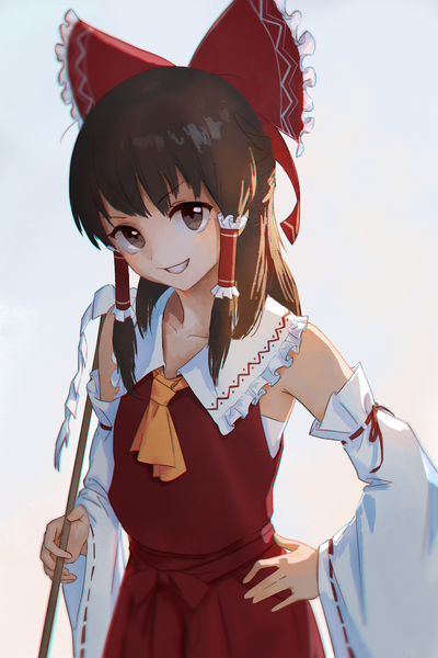 Anime picture 1280x1920 with touhou hakurei reimu treeware single long hair tall image looking at viewer fringe simple background smile brown hair bare shoulders holding brown eyes traditional clothes head tilt japanese clothes wide sleeves hand on hip grin