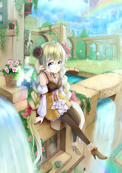 Anime picture 1414x2000 with original retsuna single long hair tall image looking at viewer blue eyes sitting braid (braids) green hair pointy ears elf girl dress flower (flowers) plant (plants) detached sleeves shoes