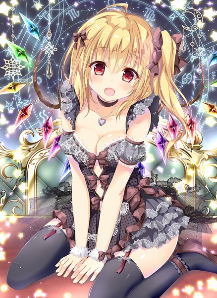 Anime picture 730x1000 with touhou flandre scarlet kino (kino konomi) single long hair tall image looking at viewer blush fringe breasts open mouth blonde hair red eyes sitting bare shoulders cleavage alternate costume one side up kneeling happy