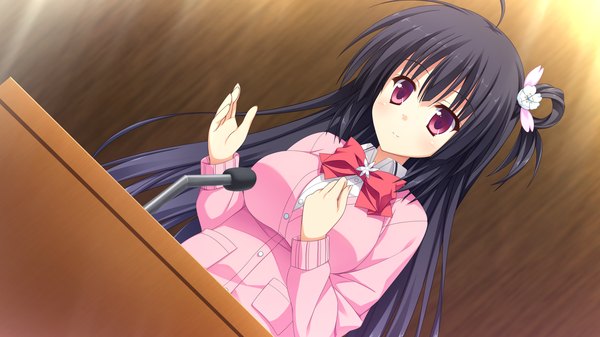 Anime picture 1280x720 with koishiki manual hikage honoka saeki nao single long hair looking at viewer blush breasts black hair red eyes wide image large breasts game cg ahoge hand on chest girl hair ornament bow shirt microphone stand