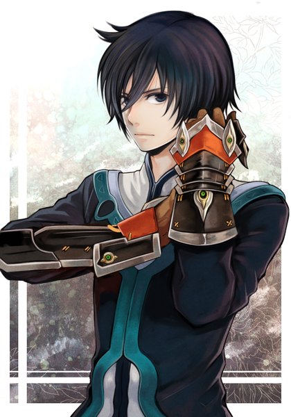 Anime picture 1020x1457 with tales of (series) tales of xillia jude mathis eiitoguchi uka single tall image looking at viewer short hair blue eyes simple background blue hair purple hair framed outline boy gloves uniform flower (flowers) plant (plants) armor