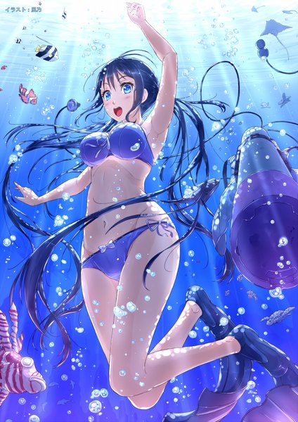 Anime picture 1446x2046 with amanchu! ooki futaba kazeno single long hair tall image blush open mouth blue eyes black hair underwater girl navel swimsuit bikini fish (fishes)
