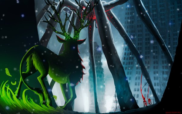 Anime picture 1920x1200 with romantically apocalyptic alexiuss luna133 single highres wide image signed horn (horns) from behind glowing snowing winter snow no people ruins plant (plants) animal leaf (leaves) building (buildings) grass
