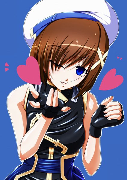 Anime picture 905x1280 with mahou shoujo lyrical nanoha mahou shoujo lyrical nanoha strikers yagami hayate tappa (esperanza) single tall image looking at viewer short hair open mouth blue eyes brown hair one eye closed wink blue background girl gloves heart fingerless gloves x hair ornament beret