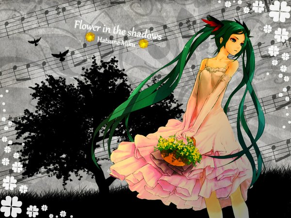 Anime picture 1600x1200 with vocaloid hatsune miku single long hair twintails bare shoulders green eyes looking away green hair girl dress gloves flower (flowers) plant (plants) animal tree (trees) elbow gloves bird (birds) grass musical note
