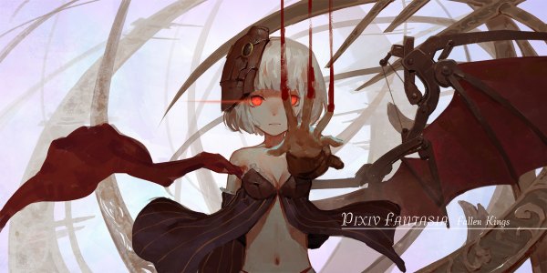 Anime picture 1200x600 with original pixiv fantasia pixiv fantasia fallen kings cancer (zjcconan) single short hair red eyes wide image white hair wind glowing glowing eye (eyes) demon wings mask on head mechanical wings girl navel wings blood mask