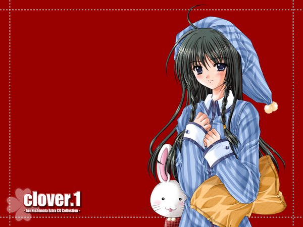 Anime picture 1600x1200 with nishimata aoi red background pajamas clover (plant) tagme