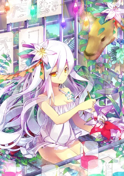 Anime picture 2893x4092 with original drawing girls 2012 nyori single long hair tall image highres breasts smile holding hair flower light smile orange eyes light drawing girl dress hair ornament flower (flowers) plant (plants)