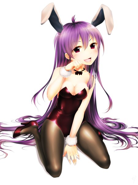 Anime picture 1425x1900 with touhou reisen udongein inaba eventh7 single tall image blush breasts open mouth light erotic simple background red eyes white background bare shoulders purple hair very long hair bunny ears girl pantyhose