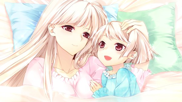 Anime picture 2048x1152 with negai no kakera to hakugin no agreement sumerami riko manyako (mohumohu) long hair blush highres short hair open mouth smile red eyes wide image multiple girls game cg white hair lying girl 2 girls child (children) pajamas