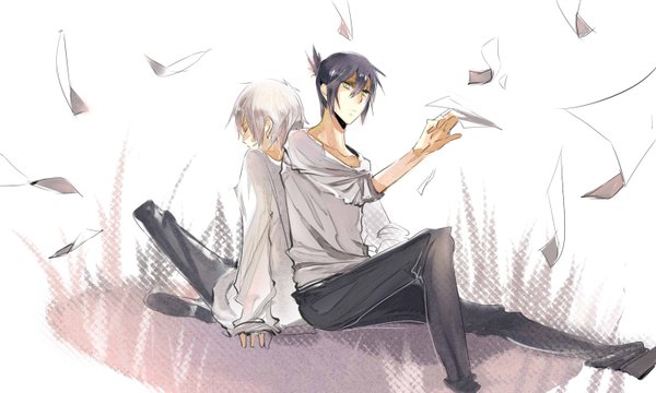 Anime picture 1500x900 with no.6 studio bones nezumi (no.6) shion (no.6) short hair black hair simple background wide image white background green eyes silver hair eyes closed multiple boys back to back twisty sleeves boy 2 boys