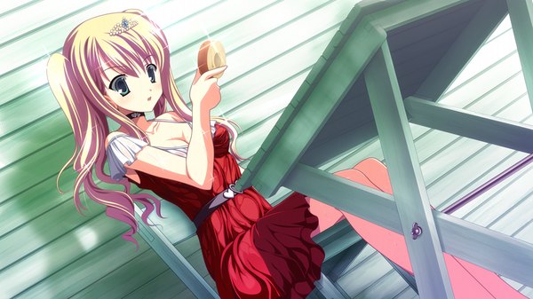 Anime picture 1024x576 with uni. special limited edition (game) long hair blonde hair wide image green eyes game cg girl dress