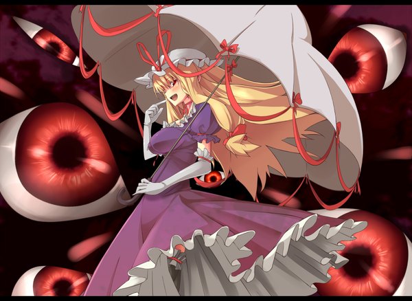 Anime picture 1810x1324 with touhou yakumo yukari akeboshi kagayo single long hair highres blonde hair red eyes profile letterboxed frilled dress eyes girl thighhighs dress bow ribbon (ribbons) black thighhighs frills umbrella