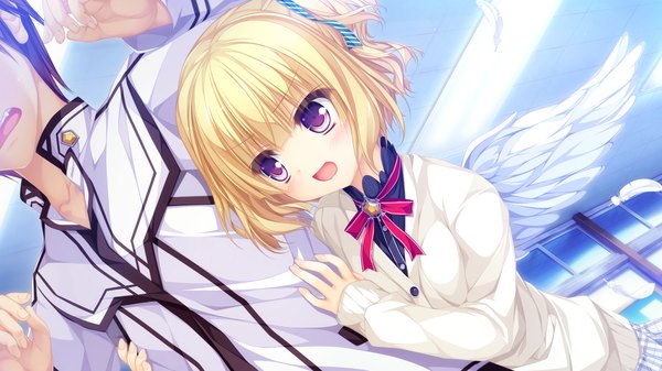 Anime picture 1920x1080 with world election whirlpool (studio) parfil (world election) blush highres short hair open mouth blonde hair wide image purple eyes game cg girl boy uniform school uniform wings