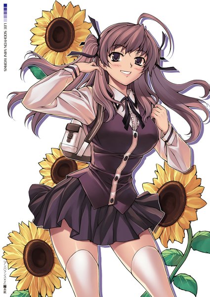 Anime picture 1218x1720 with unbalance unbalance ha ji-soo soo-hyon lee single long hair tall image blush smile brown hair twintails brown eyes ahoge girl thighhighs skirt uniform ribbon (ribbons) hair ribbon school uniform miniskirt