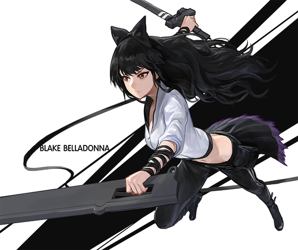 Anime picture 900x754 with rwby rooster teeth blake belladonna modare single long hair fringe black hair simple background white background brown eyes girl bow hair bow boots clothes