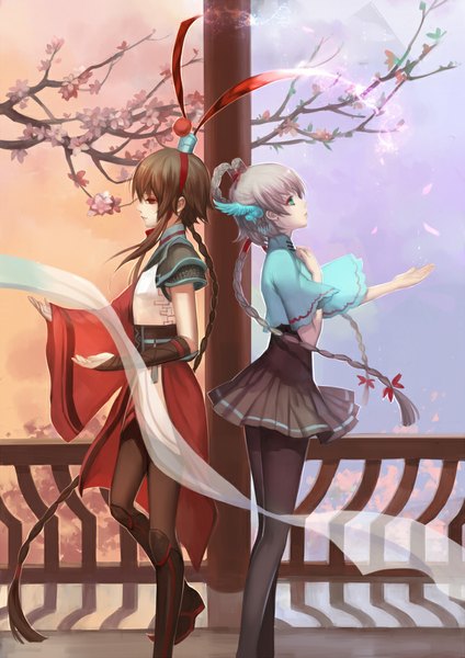 Anime picture 724x1024 with vocaloid yayin gongyu ling caiyin ask (askzy) long hair tall image fringe red eyes standing multiple girls braid (braids) very long hair traditional clothes profile aqua eyes wind shadow twin braids cherry blossoms looking up