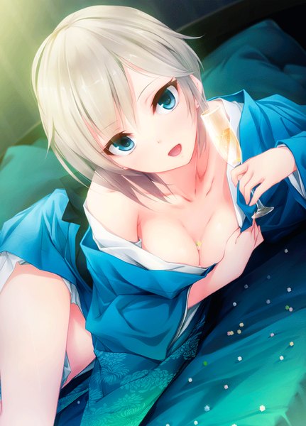 Anime picture 719x1000 with idolmaster idolmaster cinderella girls anastasia (idolmaster) ichikawa noa single tall image looking at viewer blush fringe short hair breasts open mouth blue eyes light erotic holding cleavage silver hair lying long sleeves traditional clothes