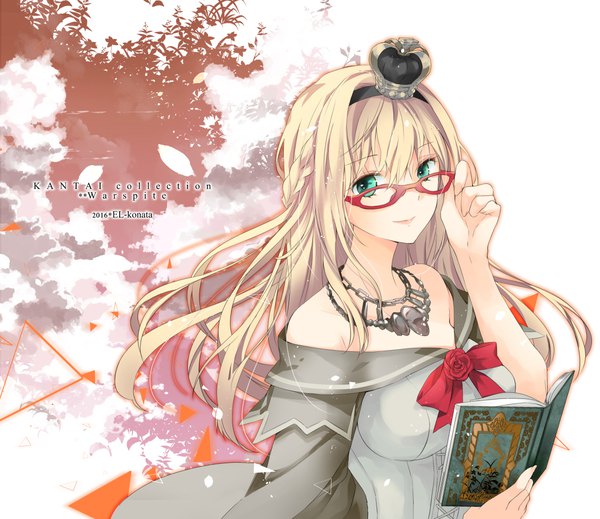 Anime picture 1182x1024 with kantai collection warspite (kantai collection) konataeru single long hair looking at viewer blush fringe breasts blonde hair smile hair between eyes bare shoulders holding green eyes signed copyright name character names text dated