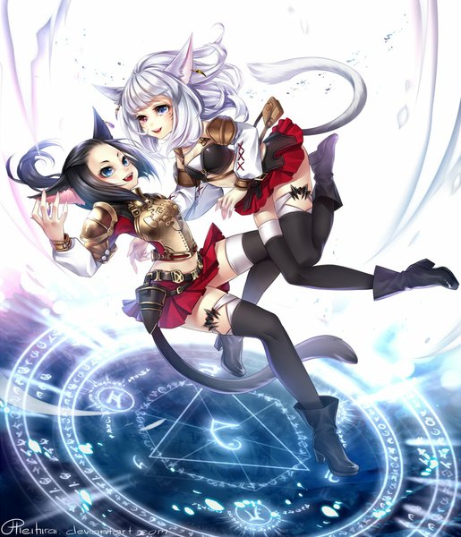 Anime picture 800x933 with original hieihirai long hair tall image open mouth blue eyes black hair smile red eyes multiple girls animal ears silver hair tail animal tail pleated skirt heterochromia magic girl thighhighs skirt