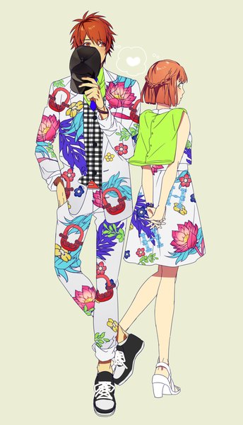 Anime picture 700x1220 with uta no prince-sama a-1 pictures nanami haruka (uta no prince-sama) ittoki otoya haruno ake tall image blush fringe short hair simple background red eyes looking away red hair braid (braids) looking back orange hair orange eyes alternate costume embarrassed floral print