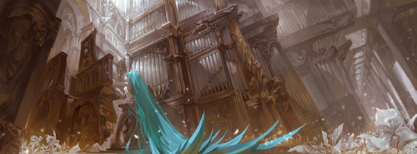 Anime picture 2533x940 with vocaloid hatsune miku alcd single highres wide image sitting very long hair aqua eyes aqua hair playing instrument girl dress hair ornament flower (flowers) white dress building (buildings) musical instrument organ (music)