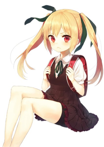 Anime picture 566x800 with original midorikawa you single long hair tall image looking at viewer blush blonde hair simple background red eyes white background sitting twintails bare legs girl uniform ribbon (ribbons) hair ribbon school uniform backpack