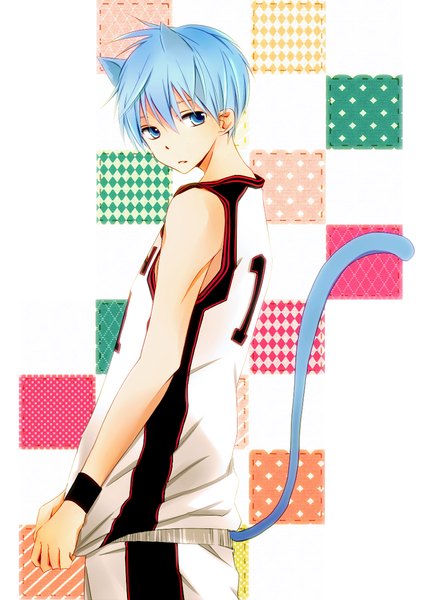 Anime picture 800x1129 with kuroko no basket production i.g kuroko tetsuya tsukimori usako single tall image short hair blue eyes bare shoulders animal ears blue hair looking away tail animal tail cat ears cat tail basketball boy uniform gym uniform