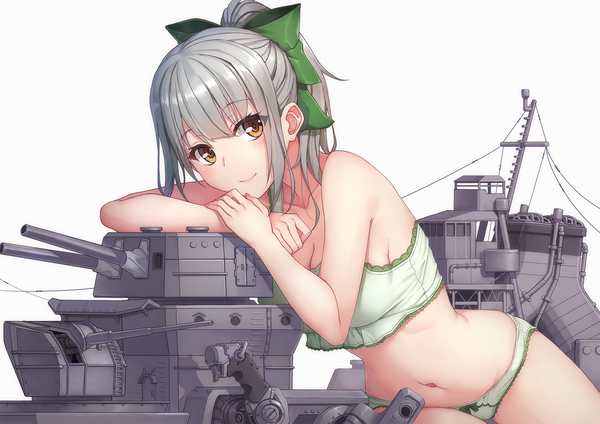 Anime picture 1500x1060 with kantai collection yuubari light cruiser terras single looking at viewer blush short hair light erotic white background brown eyes ponytail grey hair underwear only girl underwear panties bow weapon hair bow lingerie