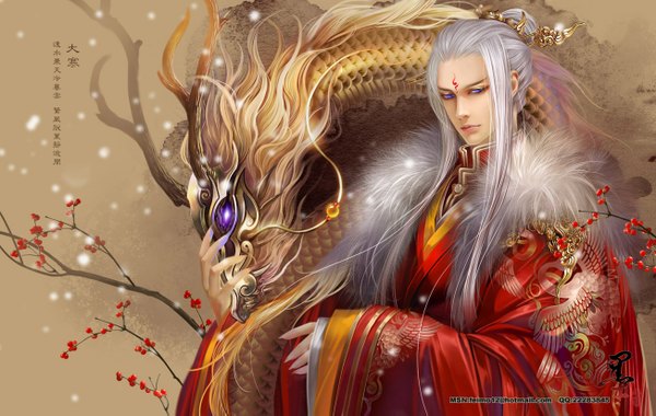 Anime picture 1304x827 with feimo long hair purple eyes signed silver hair traditional clothes horn (horns) fingernails lips realistic hieroglyph snowing long fingernails brown background face paint boy hair ornament fur branch dragon