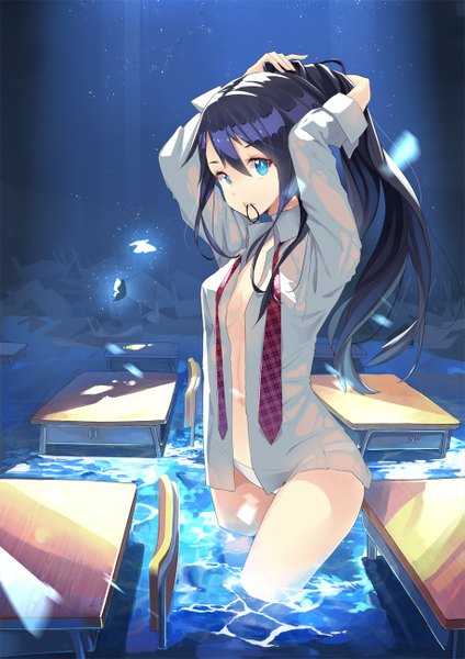 Anime picture 919x1300 with original moe2013 yoo (tabi no shiori) single long hair tall image looking at viewer blue eyes light erotic black hair ponytail wet partially submerged light undressing classroom see-through silhouette girl underwear panties