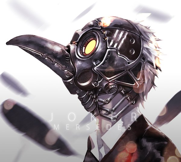 Anime picture 1500x1338 with original jellycarrot single short hair simple background upper body white hair profile gradient background text lens flare looking up english boy feather (feathers) mask beak