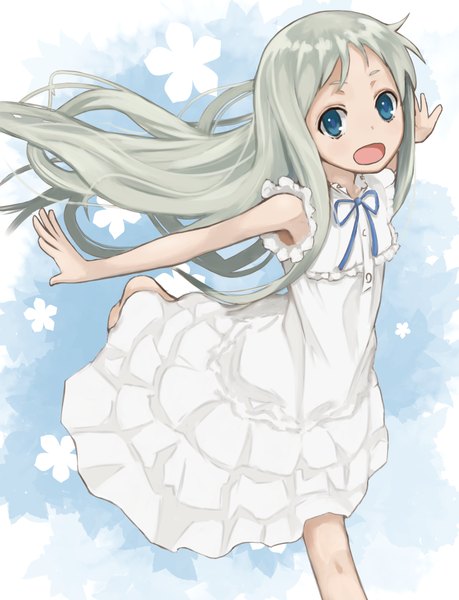 Anime picture 861x1125 with ano hi mita hana no namae wo bokutachi wa mada shiranai a-1 pictures honma meiko ashiya hiro single long hair tall image looking at viewer open mouth blue eyes bare shoulders :d barefoot from above grey hair spread arms running girl sundress flower (symbol)