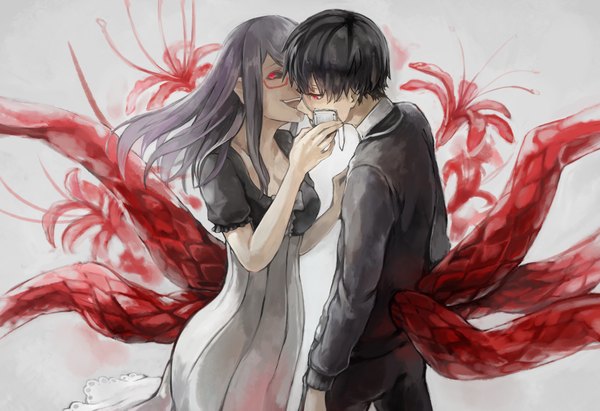 Anime picture 1346x924 with tokyo ghoul studio pierrot kaneki ken kamishiro rize hachiie long hair looking at viewer fringe short hair breasts open mouth black hair red eyes standing looking away cleavage purple hair back glowing glowing eye (eyes)